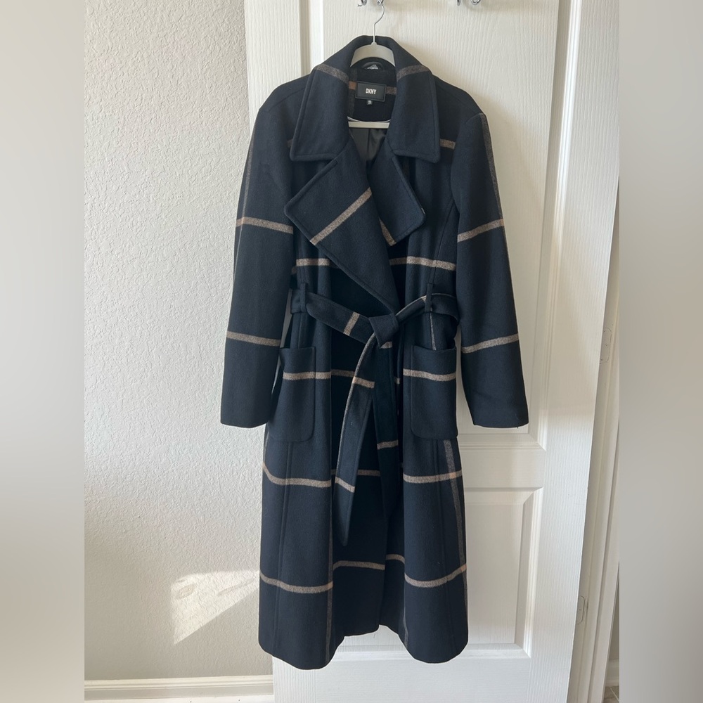DKNY Black and Brown Plaid Coat